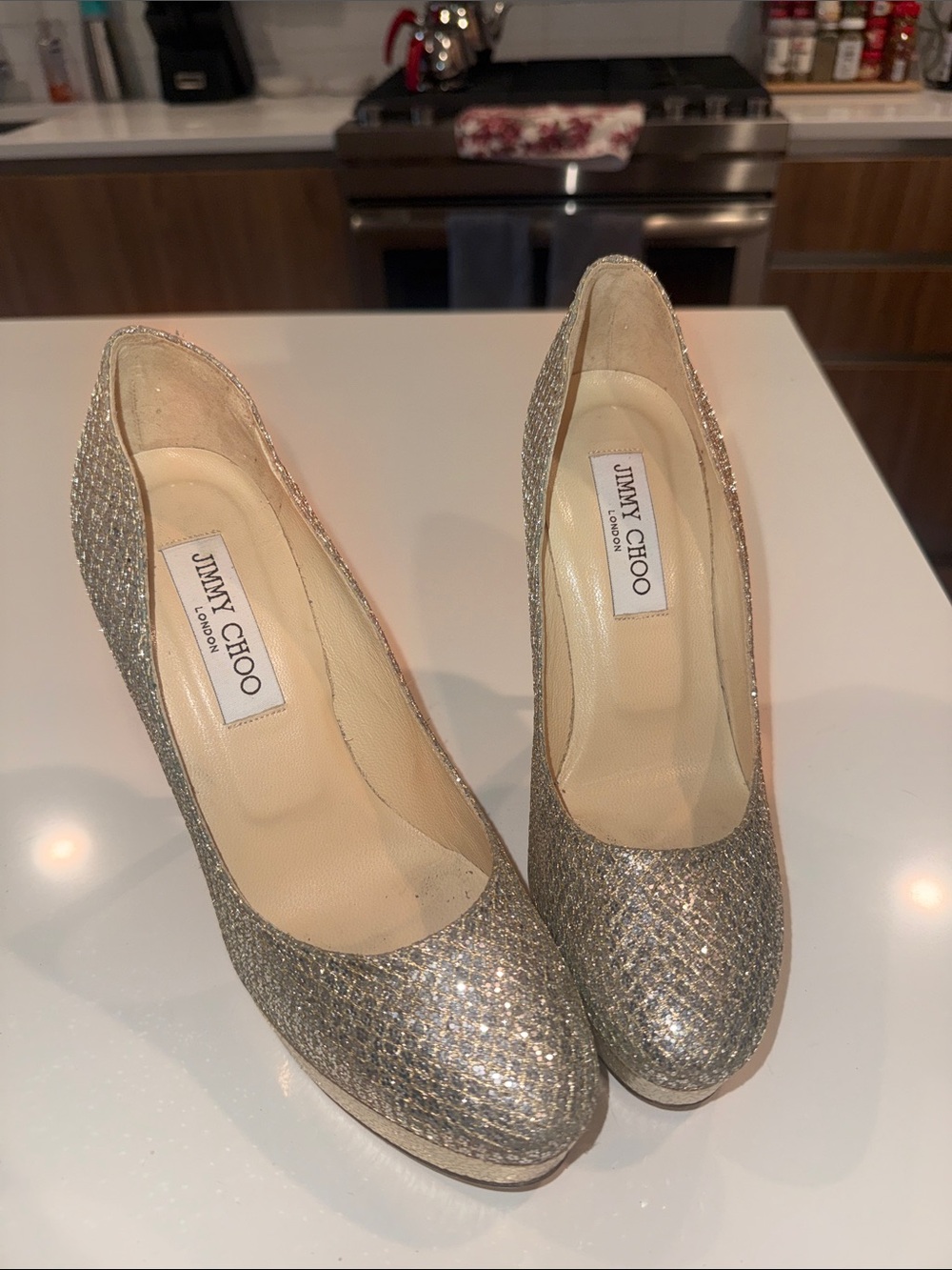 Jimmy Choo Glitter Platform Pumps in Silver Tone